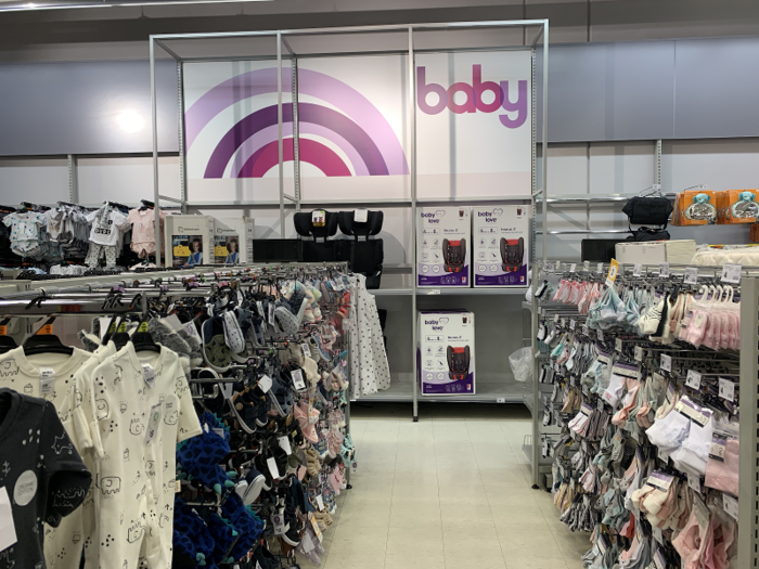 The baby section was full of irresistible tiny shoes and onesies.