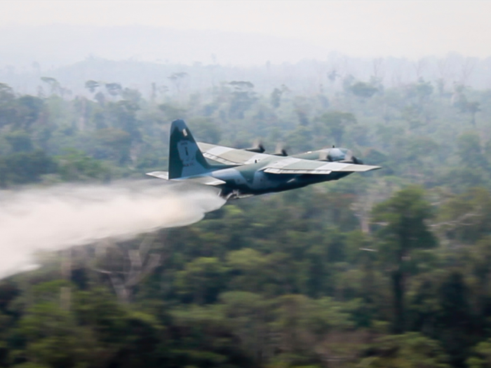 ... and from the sky, fighter jets dump water and fire retardant onto fires. The Brazilian government also hired a Boeing 747-400, which is capable of dropping 19,000 gallons per trip, to assist.