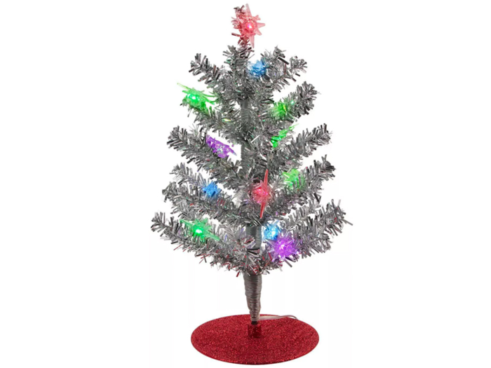 A battery-operated tinsel tree that gives your desk a colorful light show