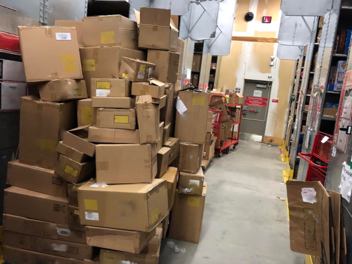 A back room in a Maine Target had a large mountain of boxes as of this month.