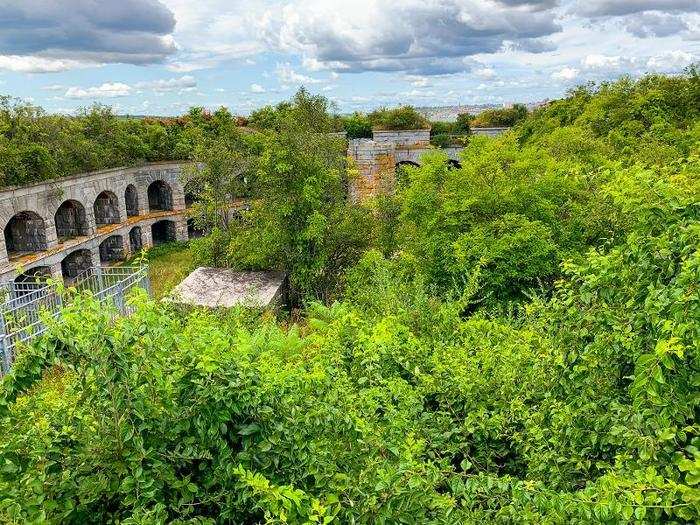 After it was rendered obsolete, sod was added to the top-level to insulate it for the latest weaponry, but the project was never finished. Over time, vegetation has grown in that sodded area.