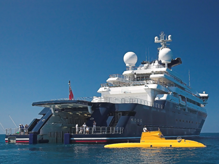 The superyacht has plenty of room for toys. Octopus comes with two helipads and storage space for seven tenders, two submersibles, and a large SUV.