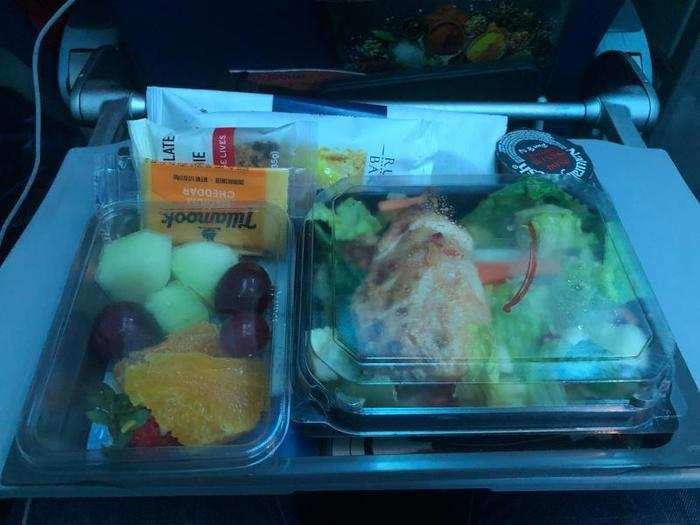 Dinner came about 45 minutes into the flight. I went for the chicken salad option.