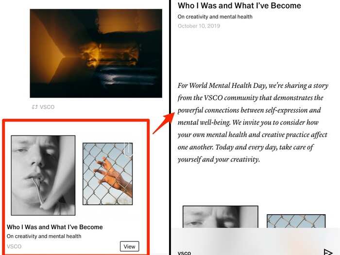 Beyond photos, the VSCO feed will sometimes also include "Journals." Users can choose to create blog-type posts on VSCO that can include words and multiple photos to tell a story, like this one VSCO made to commemorate World Mental Health Day.