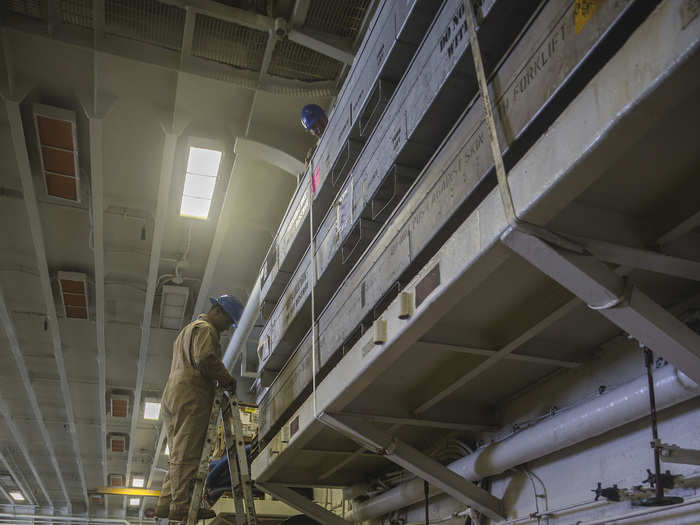 "The well deck Marines handle the landing craft, air cushions (LCAC), landing craft, utilities (LCU) and boat operations," said Gunnery Sgt. Brent Vines, logistics chief with the 26th MEU. "The hangar bay Marines support offloading and onloading of aircraft and personnel via the flight deck."