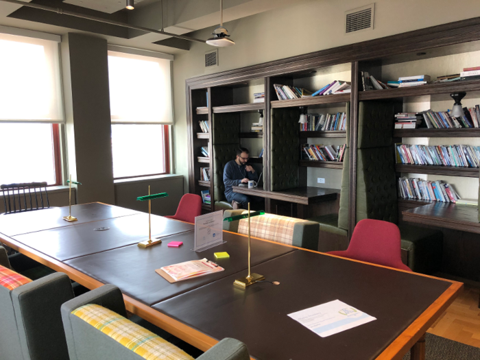 If employees need quiet spaces to work, there are two "minimal talking" libraries around the office, where books line the walls.