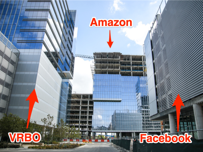 Amazon and VRBO will move into towers that form a triad with another 17-story high-rise currently under construction, leased in its entirety by Facebook.