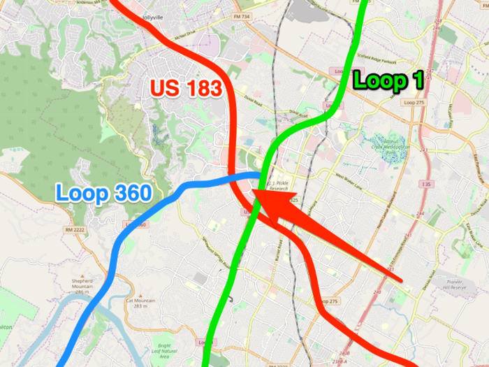 All three roads — US 183, Loop 1, and Loop 360 — converge roughly in the same part of Northwest Austin.