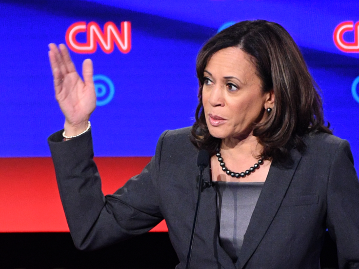Sen. Kamala Harris says the decision to break up big tech should be in the hands of the attorney general.