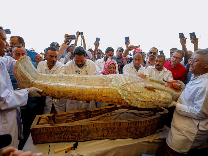 On Saturday they opened the sealed sarcophagi to reveal perfectly preserved mummies inside.