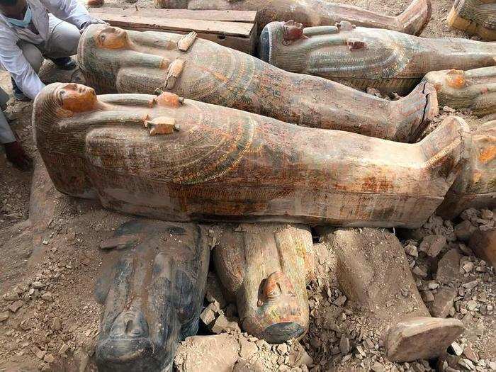 The coffins were stacked in two layers under the ground. They are estimated to be 3,000 years old, dating back to the 22nd dynasty of Egyptian pharaohs.