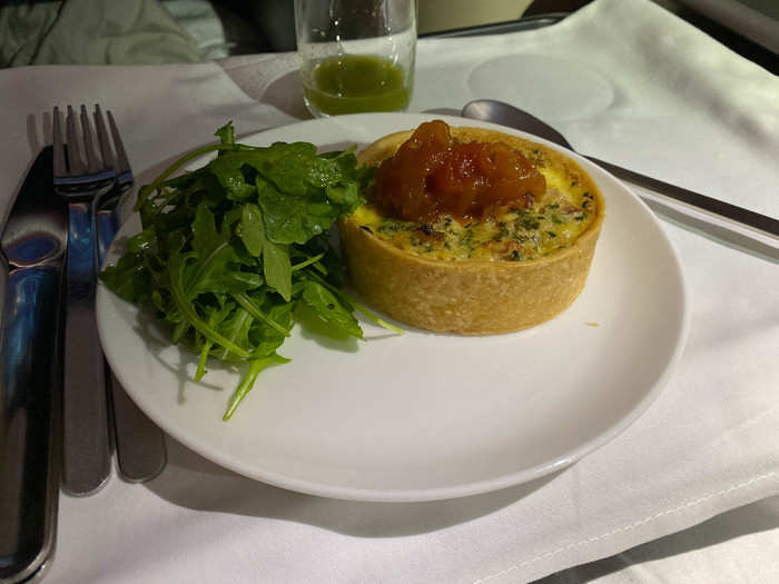 For my main, I had the egg, bacon, and herb tart (basically a quiche) with caramelized onion relish. Like everything else I ate during the flight, it was perfect.