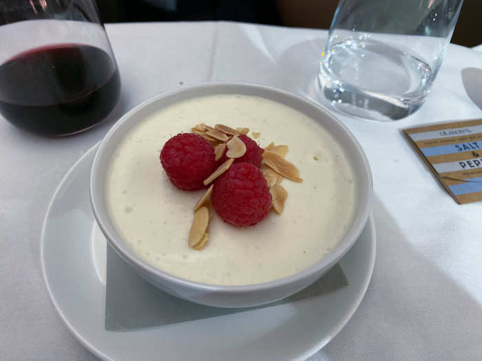 The dessert, though — panna cotta trifle with raspberries and toasted almonds — was the star. I devoured it.