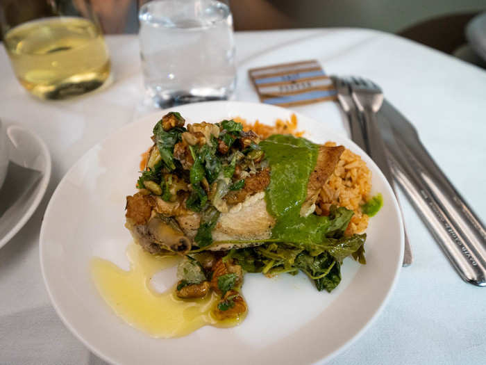 For the main course, I had the chicken breast with Spanish rice, kale, tomatillo sauce, and pepita salsa. This was genuinely phenomenal; I was blown away by how tasty it was.