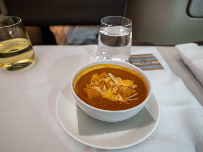 For the first course — essentially a late lunch, Sydney time — I started with the spicy tomato and saffron soup with Gruyère croutons. It was fabulous, not too spicy, but enough so that it was flavorful — and definitely helped me wake up.  Reminder: the flight began operating on Sydney time (noon-ish) after we took off from JFK just before 9:30 p.m. ET, so this New Yorker was feeling ready for bed.