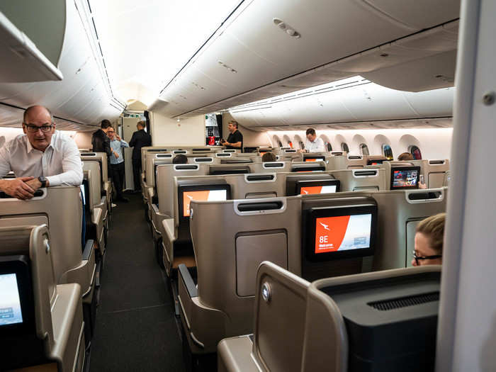 The business-class cabin on Qantas