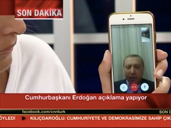 And in 2016, amid the military coup, Erdogan gave a crisis statement on TV — except he appeared on an iPhone screen via Apple