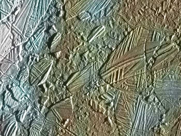 Galileo orbited Jupiter and its moons for almost eight years, snapping close-ups like this one, which shows the icy crust of the moon Europa in 1997. The spacecraft discovered that Europa likely conceals a vast global ocean beneath its surface.