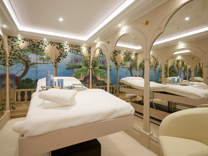 On the bridge deck is a citrus-themed spa, which includes a relaxation room with carved stone lemon trees on the walls. There