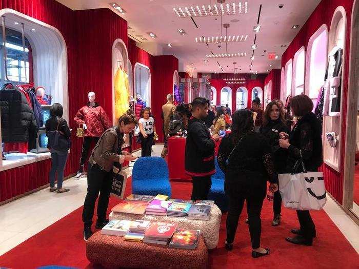 The store was filled with unique and eccentric items and featured interesting elements like blue chairs made of repurposed running track material.