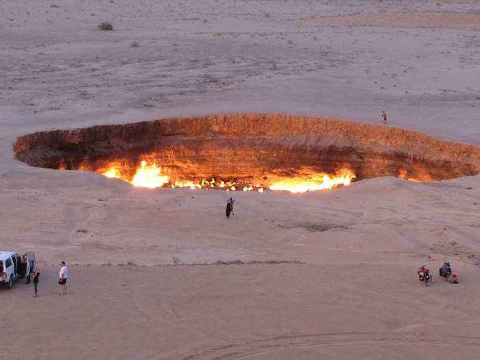 Turkmenistan has some features that would doubtless be tourist attractions if it were more open. This is the "Gateway to Hell," a crater that has been on fire for more than 40 years in the desert.