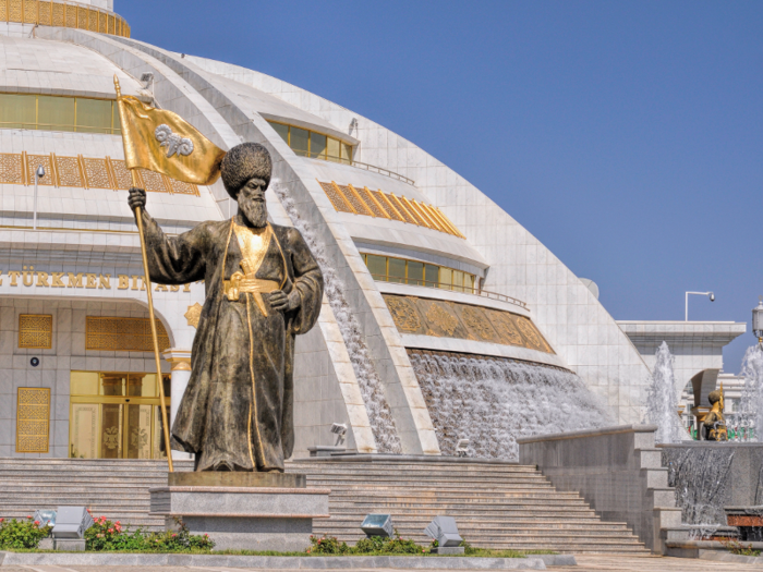 Downtown Ashgabat is filled with huge monuments and buildings, which along with their marble edifices, are often adorned with lavish amounts of gold.