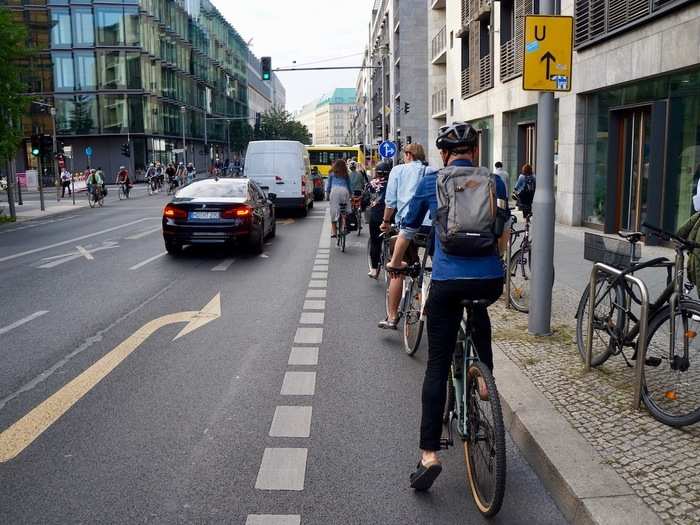 Bike traffic picks up downtown, and riders are pretty diligent about staying in their lane.