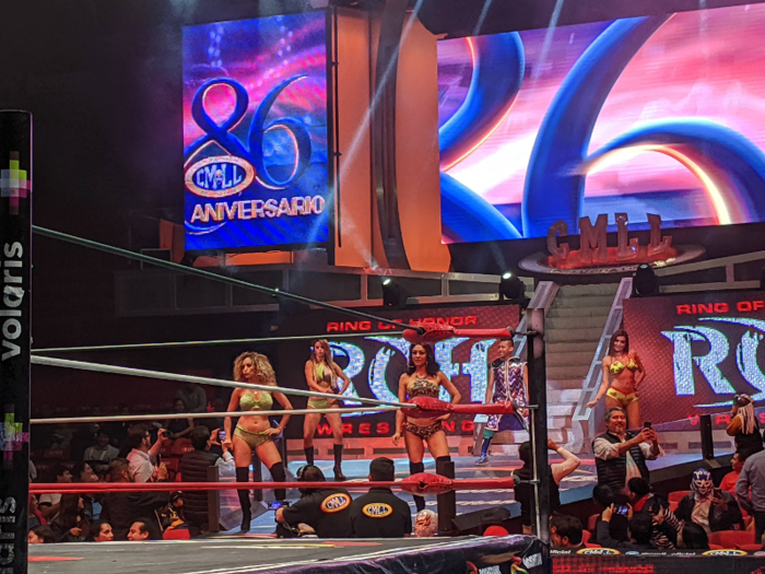 The show kicked off with a dance troop at 7:30 p.m. sharp — the Lucha Libre equivalent of cheerleaders.