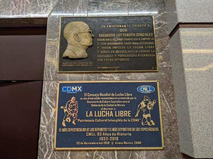 A plaque commemorates the founder of the CMLL, Don Salvador Lutteroth Gonzalez, and the 80-plus-year legacy of Mexican wrestling he left behind.