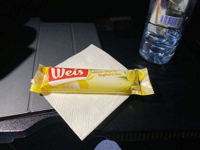 I woke up in time for a midflight snack, a lemon yogurt ice cream bar. That was about four hours into the flight.