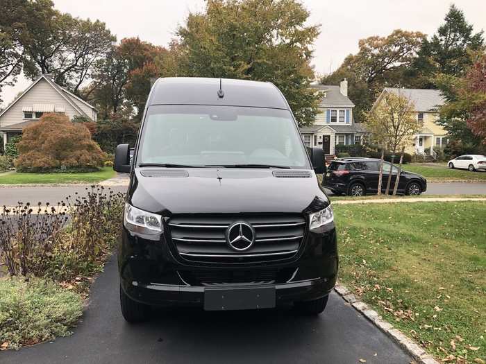 The tall, narrow, narrow stance of the Sprinter makes the van relatively easy to maneuver and also allows for passengers of varying sizes to move around the interior. The engine is a pretty modest 2.0-liter turbocharged four-cylinder that runs on gas (not diesel) and has a nine-speed automatic transmission. It makes a decent 188 horsepower.