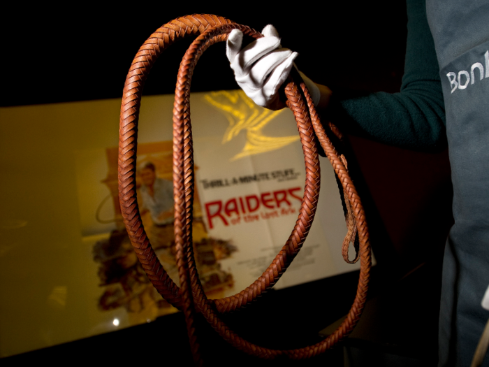 A bullwhip used by Harrison Ford in "Indiana Jones" sold for $35,460, not including fees.