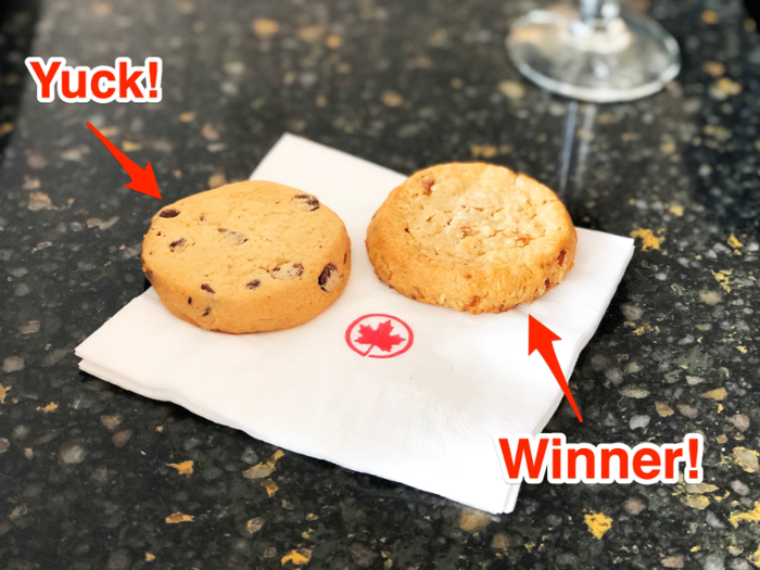 I love a good taste test, so I loaded up a cocktail napkin with one of each and headed back to my seat. I was surprised that I thought the oatmeal was far superior to the chocolate chip — I