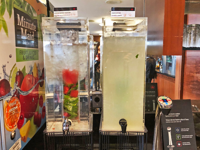 ... but there was also a pair of drinks in dispensers — watermelon and basil-infused water and jalapeño lemonade. I love fruit-infused water so I opted for that.