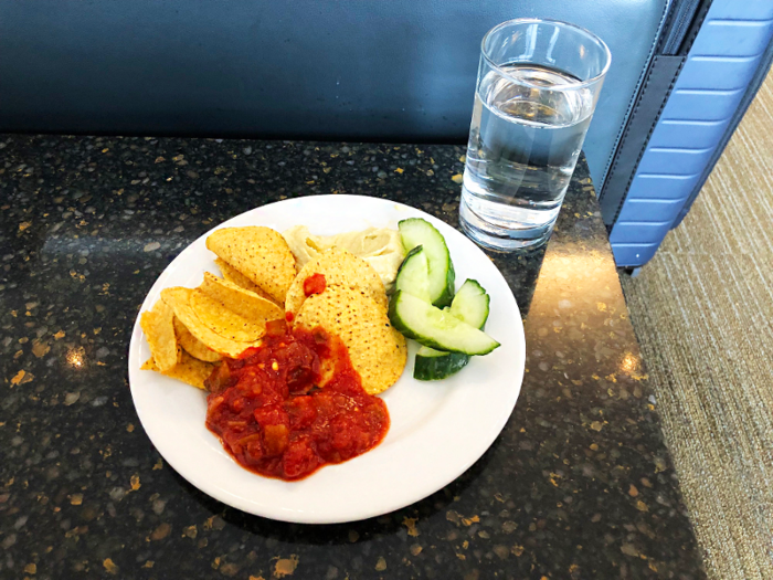 I started the afternoon with a winning combo of chips, salsa, cucumbers, and hummus. I figured as dinnertime approached there would be a change-over at the buffet.