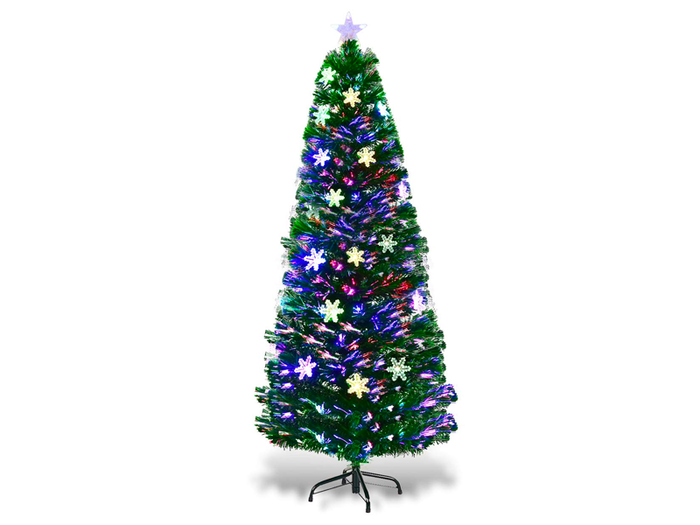 A tree featuring snowflakes and multicolored lights