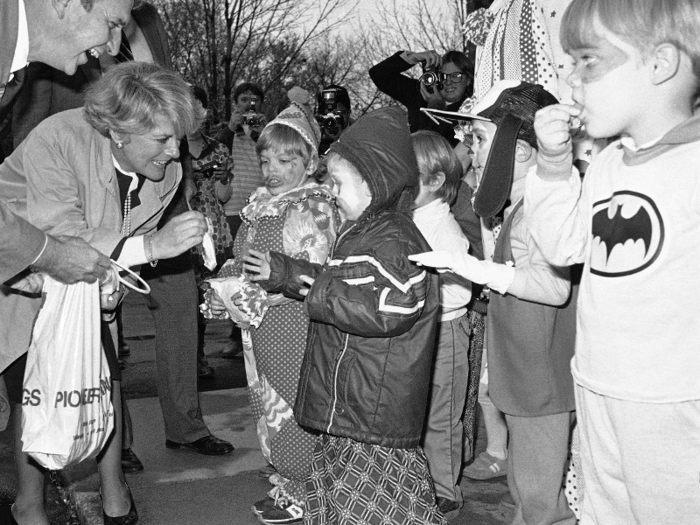 (1984) Geraldine Ferraro, the Democratic vice presidential candidate in the 1984 election, hands out candy to children at a Wisconsin nursery school.