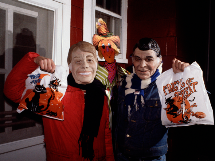 (1980) Trick-or-treaters wearing masks of presidential candidates Jimmy Carter (left) and Ronald Regan (right).
