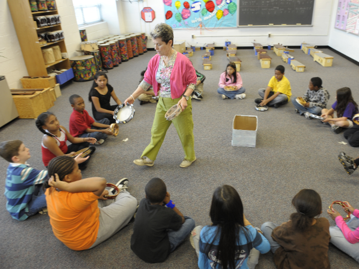 Music teachers often purchase and bring in extra musical supplies like tambourines to get students engaged with the material.