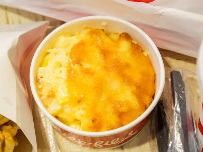 MAC AND CHEESE, $3.39 — Chick-fil-A brought mac and cheese to its menus in August. A small order contains 260 calories, 16 grams of fat, 17 grams of carbs, and 11 grams of protein.