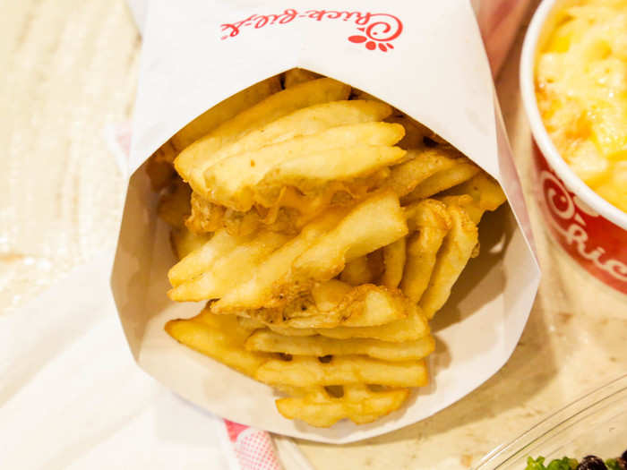 SMALL WAFFLE FRIES, $2.35 — I suspect that Chick-fil-A accidentally gave me a medium fries instead of small. A small order of waffle fries contains 280 calories, 14 grams of fat, 33 grams of carbs, and four grams of protein.