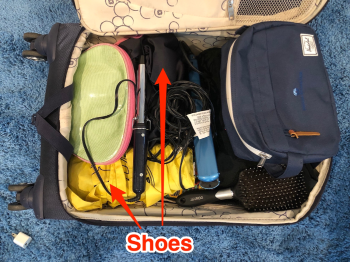 In my Samsonite, I struggle to pack my shoes so their dirty soles don