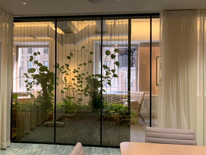 Plants are placed throughout the space for a "natural element," and all private space is on the window line, so there are no interior suites.