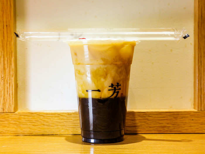 BROWN SUGAR MILK TEA, $5.99 —My tea at Yi Fang was the priciest one yet. It came in beautifully minimalist packaging, although it was iced, unlike the brown sugar milk at Tiger Sugar.