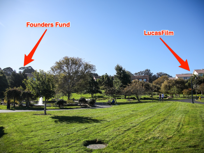 Both Lucasfilm and the Founders Fund back up to a sprawling park with grassy hills and a duck-filled pond.