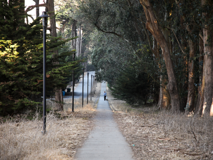 The paths, with their overhanging eucalyptus trees, are right at the doorstep of lucky residents that live in the former military homes.