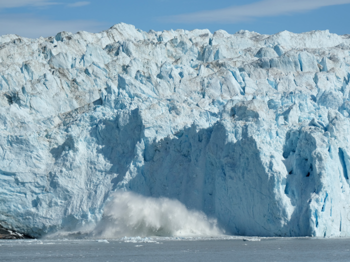 In Greenland, Eqip Sermia Glacier loses ice from calving every year, which is not unusual, but it