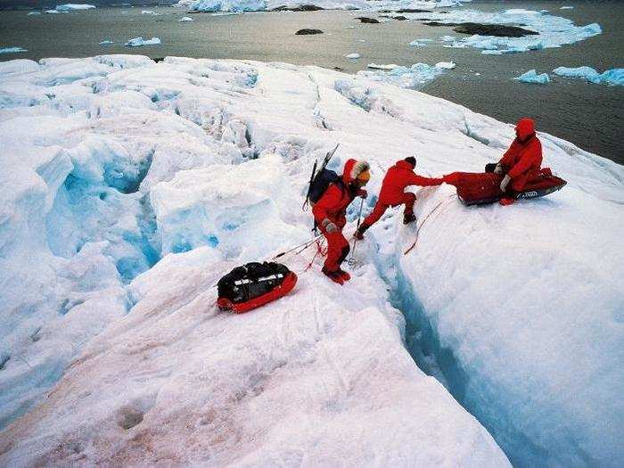 At this point, the glacier can begin to move, helped along by meltwater underneath. But the whole mass doesn