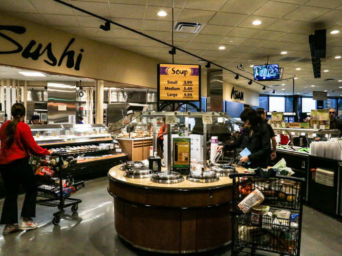 We moved onto the soup bar, which has five different kinds of soup. We also took a peek at the sushi bar, which, as I later discovered, is pretty much restaurant-quality.