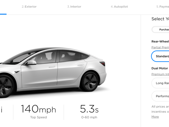 The Model 3 in "Standard Range Plus" trim with rear-wheel-drive and the "Partial Premium Interior" is the least expensive version available on Tesla configurator. It